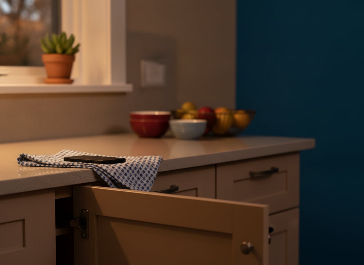 Photorealistic quiet kitchen corner at evening with nobody in frame, a wooden cabinet door left slightly open, warm unde